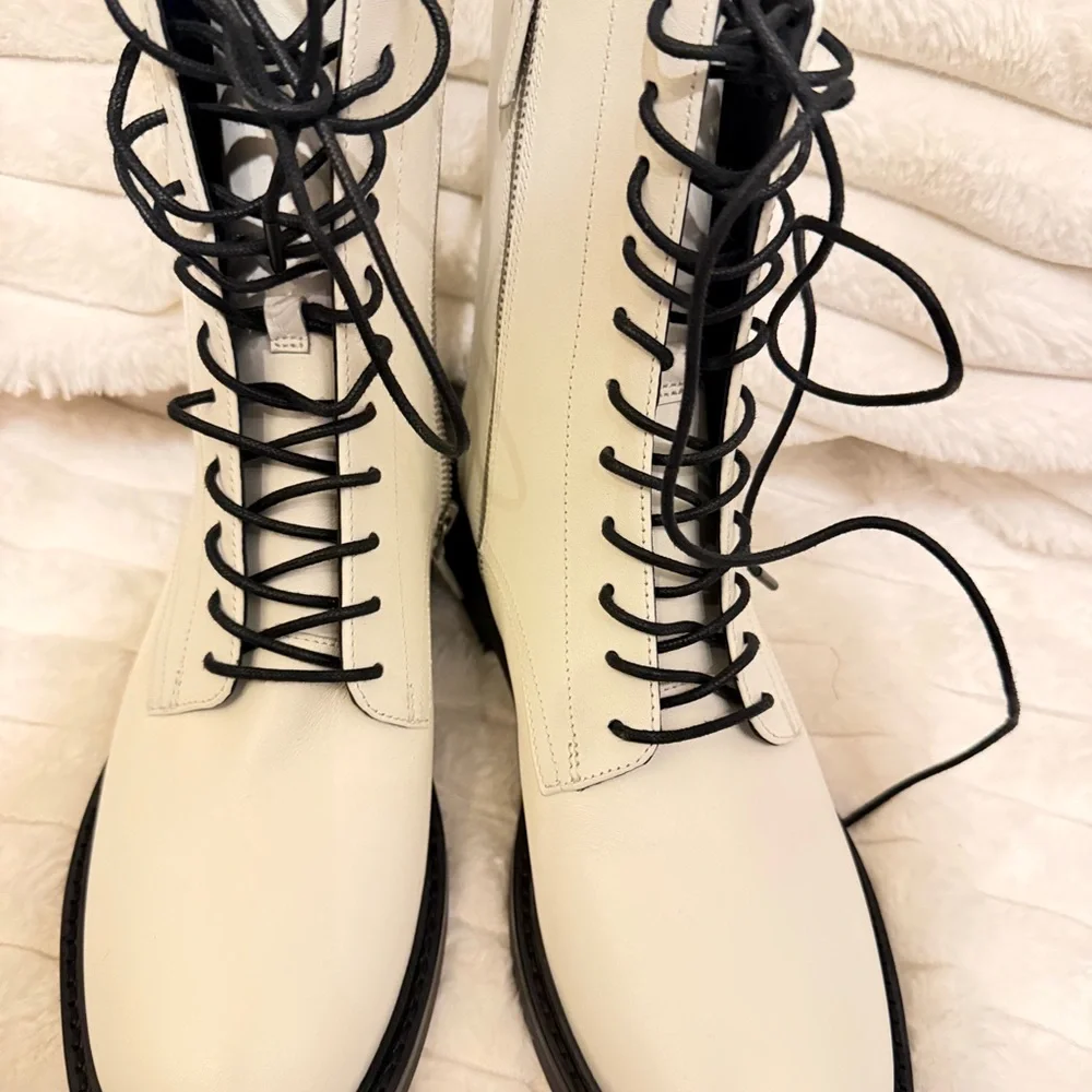 Tory Burch White Leather Lace-Up Combat Boot with Black Laces